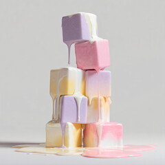 stacked pastel cubes melting like ice cream, white studio background, creative modern still-life