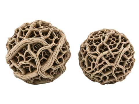 Two abstract decorative spheres made of tangled dry roots on a transparent background - Powered by Adobe