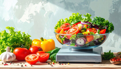 Vibrant salad with fresh vegetables including tomatoes, bell peppers, and lettuce in glass bowl on kitchen scale