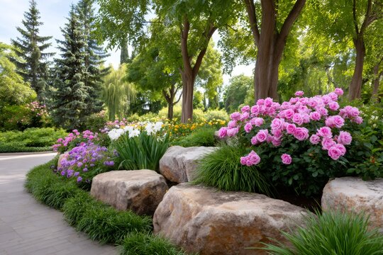 Colorful garden landscaping with pink roses and path - Powered by Adobe