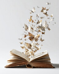 old book opening with butterflies made of paper flying out, white background, conceptual still-life