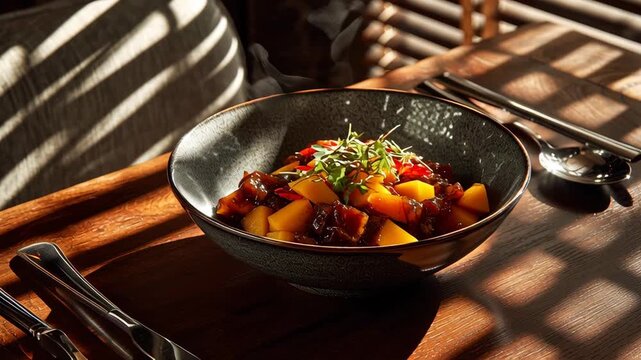 Exotic fruit salad illuminated by striking window shadows, adding dramatic flair to a gourmet dish