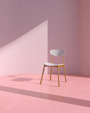 simple chair levitating above a pastel pink floor, long soft shadow, minimal interior concept