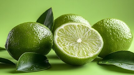 Fresh limes and green leaves arranged on a bright green background for vibrant kitchen decor