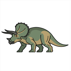 Fototapeta premium A green and brown triceratops dinosaur with a distinctive frill on its head and two horns, suitable for educational materials or children's books, against a clean white background.