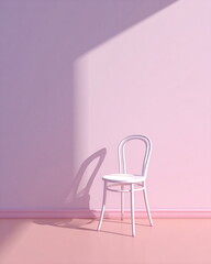 simple chair levitating above a pastel pink floor, long soft shadow, minimal interior concept