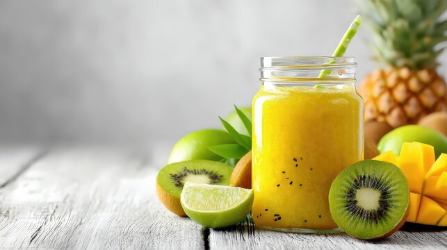 Un vaso de zumo amarillo brillante rodeado de frutas tropicales frescas.