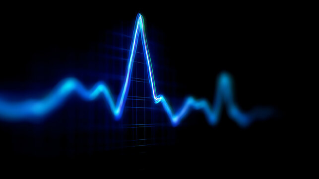 Blue glowing ECG heartbeat line on a dark background, representing heart activity and medical monitoring, with a sharp peak and smooth waves - Powered by Adobe