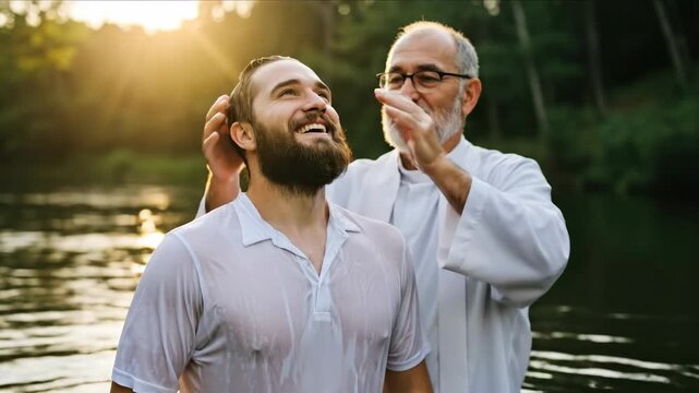 A priest baptizes a man in water as part of a christian religious ritual, showing transformation and spiritual renewal