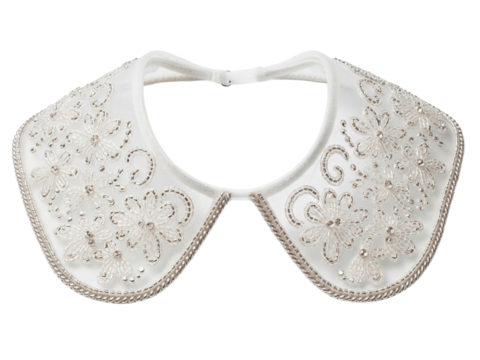White beaded floral embroidery collar fashion accessory on a transparent background