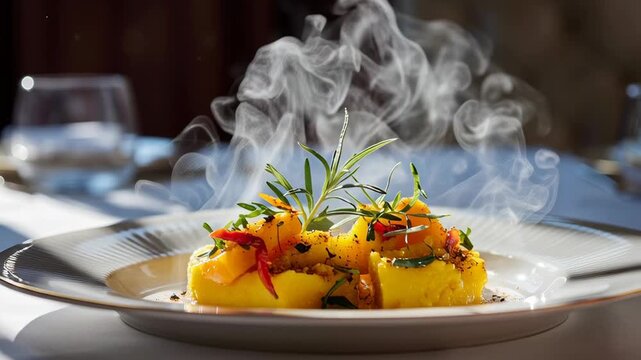 Exquisite culinary presentation of steaming polenta dish garnished with fresh herbs on a white plate