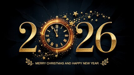 Golden 2026 numbers with a vintage clock face and sparkling confetti celebrating the new year and christmas holidays