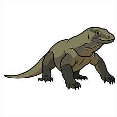 Obraz premium A cartoon-style illustration of a green and brown lizard with sharp claws standing on all fours in a suitable stance against a plain white background.