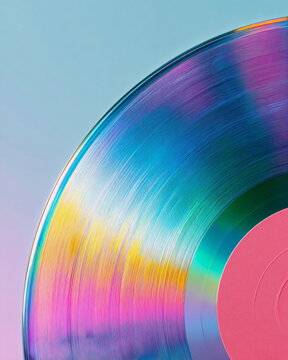 vinyl record with rainbow gradient grooves, pastel background, clean studio still-life