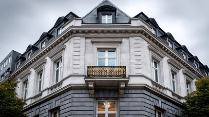 European building facade corner with decorative balcony