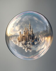 soap bubble with a tiny city skyline inside, white background, surreal detail shot