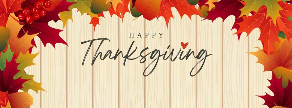 Panoramic banner, cover template with the inscription Happy Thanksgiving with a frame of autumn leaves and berries on a light wooden background and copy space