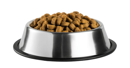 dry dog food in metal bowl on white background
