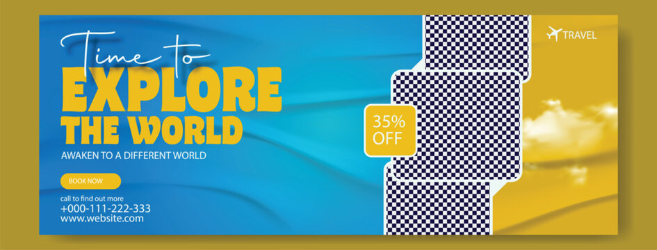 Vibrant travel advertisement poster encouraging exploration and adventure with inspiring imagery and bold typography