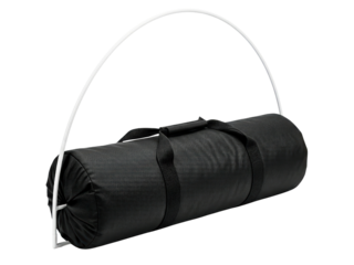 Black cylindrical archery target bag supported by white frame on a transparent background