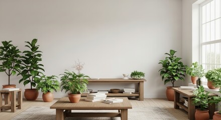 Fototapeta premium Aesthetic interior with plants, books, and wooden furniture, bathed in daylight, in a bright home.