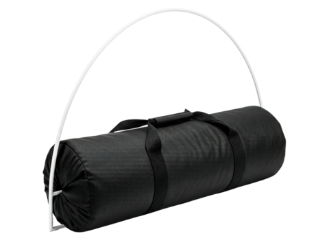 Black cylindrical archery target bag supported by white frame on a transparent background