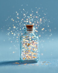 glass bottle filled with tiny glowing stars, pastel blue background, whimsical still-life