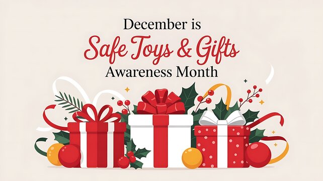 December is safe toys and gifts awareness month with festive holiday presents and decorative elements promoting safety