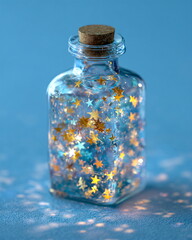 glass bottle filled with tiny glowing stars, pastel blue background, whimsical still-life