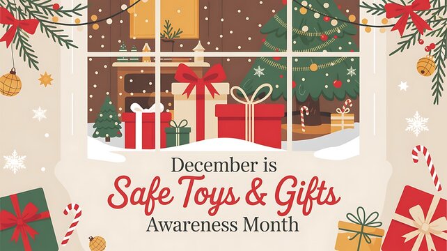 December is safe toys and gifts awareness month with festive holiday decorations and presents visible through a snowy window