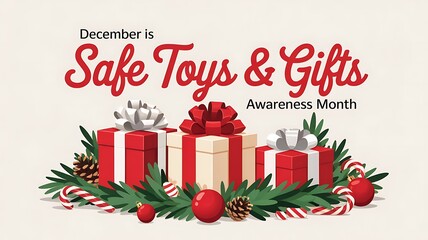 December is safe toys and gifts awareness month with festive holiday presents and decorations promoting child safety