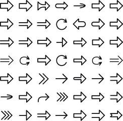 Collection of Black Outline Arrows and Circular Arrows on White Background direction pointer