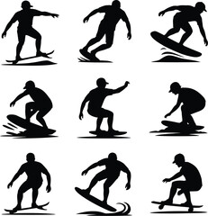 Obraz premium Collection of nine black silhouette illustrations of surfers riding waves Keywords: surfer, surfing, wave, water, ocean, sea, sport, activity, silhouette, black, white