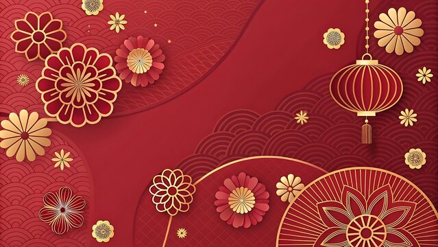 Vibrant red background with intricate gold floral ornaments and traditional chinese lanterns for festive celebrations - Powered by Adobe