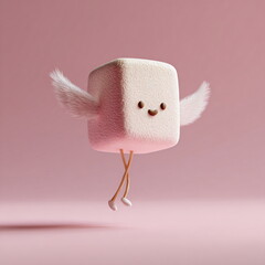 floating marshmallow with tiny wings, pastel pink background, playful fantasy still-life