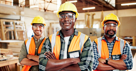 Workshop, portrait and men with arms crossed, woodwork and confident for craftsmanship or carpentry. Happy, artisan and team with smile for production, manufacturing and career growth in warehouse