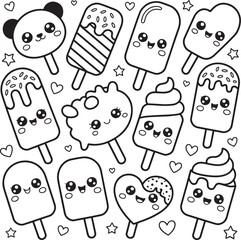 Collection of assorted ice cream popsicles with cute faces for summer snack