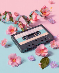 retro cassette tape unrolling ribbon that turns into flowers, pastel background