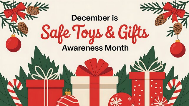 December is safe toys and gifts awareness month with festive holiday decorations and wrapped presents promoting safety