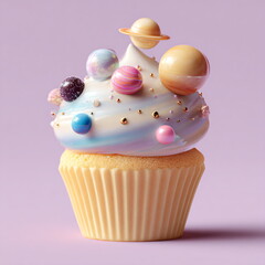 cupcake topped with tiny planets like a solar system, pastel lavender background