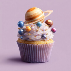 cupcake topped with tiny planets like a solar system, pastel lavender background