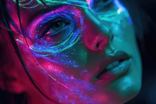 Primer plano de un rostro iluminado con luces de ne&oacute;n vibrantes.