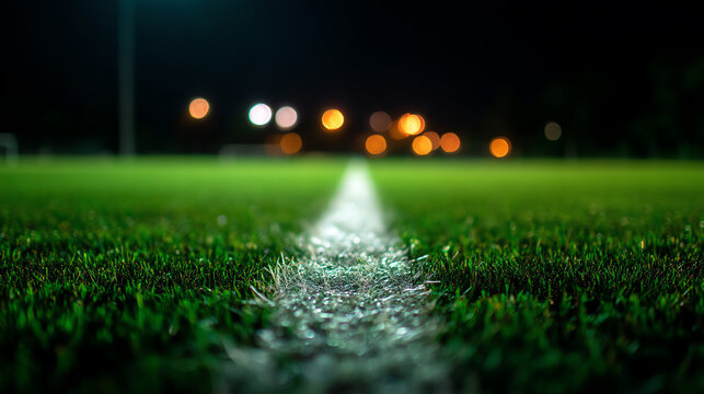 Close-up of a grass field at night with a white line running through the center and blurred lights in the background, creating a focused and atmospheric scene