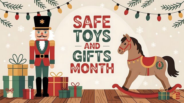 Nutcracker and rocking horse celebrate safe toys and gifts month with festive decorations and presents