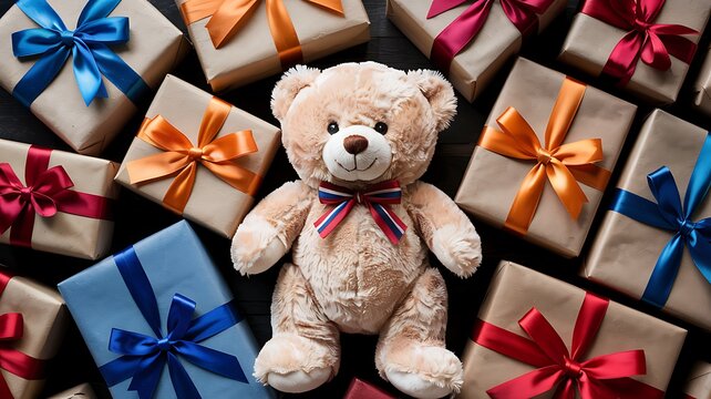 Adorable fluffy teddy bear surrounded by a festive array of beautifully wrapped gift boxes tied with colorful satin ribbons