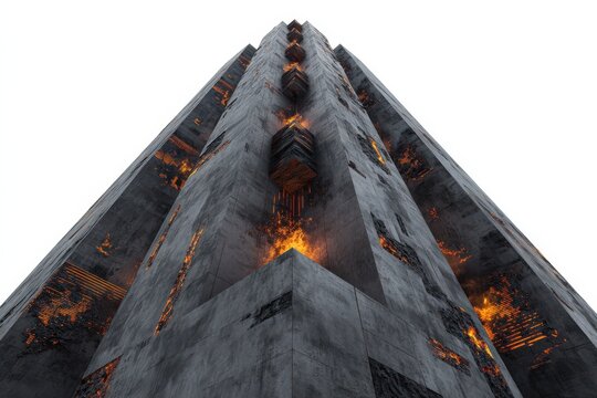 Una imponente estructura de hormig&oacute;n en llamas, vista desde abajo, simbolizando destrucci&oacute;n y resiliencia.