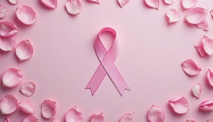 Elegant pink ribbon surrounded by delicate petals on soft pink background evokes hope and support for breast cancer awareness initiatives