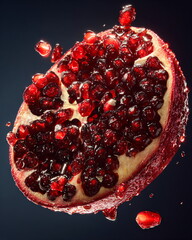 single pomegranate split open with glowing ruby seeds, luxury food macro shot, dark premium backdrop