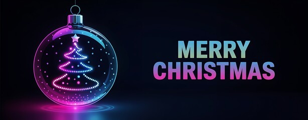 Festive christmas bauble with glowing neon tree inside and merry christmas text against a dark background
