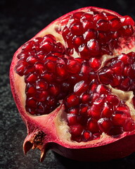 single pomegranate split open with glowing ruby seeds, luxury food macro shot, dark premium backdrop